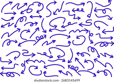 Hand-drawn doodle arrows set in blue ink with various directions, curves, and styles. Perfect for design elements, presentations, notes, and creative projects.
