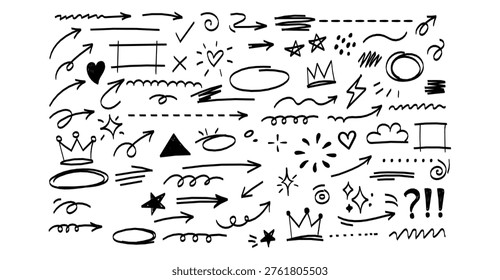 Hand-Drawn Doodle Arrows and Symbols Set – Abstract Sketch Lines, Stars, Hearts, Crowns, and Decorative Elements Collection. Vector illustration