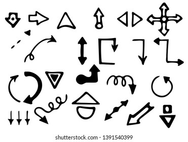 Hand-drawn doodle arrows vector set. Illustration of Grunge Sketch Handmade Watercolor Doodle Vector Arrow Set