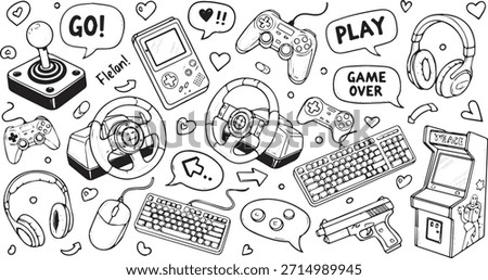 A hand-drawn doodle art illustration featuring various video game controllers joysticks steering wheels keyboards mice headphones and arcade machines