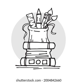 Hand-drawn doodle art showcasing school supplies and a trophy icon symbolizing student championship. Perfect illustration for academic achievements, student awards, or educational materials.