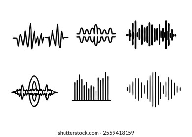hand-drawn doodle audio wave icon set featuring monochrome radio wave symbols. perfect for sound, music, and tech-themed designs, logos, and digital projects. clean and minimal style.