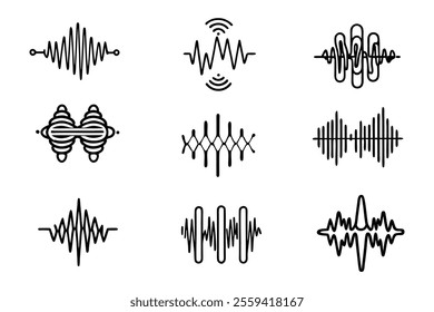 hand-drawn doodle audio wave icon set featuring monochrome radio wave symbols. perfect for sound, music, and tech-themed designs, logos, and digital projects. clean and minimal style.