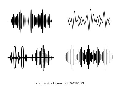 hand-drawn doodle audio wave icon set featuring monochrome radio wave symbols. perfect for sound, music, and tech-themed designs, logos, and digital projects. clean and minimal style.