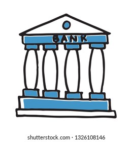 Handdrawn doodle bank building icon. Hand drawn black sketch. Sign symbol. Decoration element. White background. Isolated. Flat design. Vector illustration