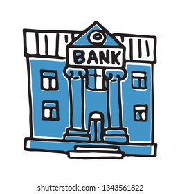 Handdrawn doodle bank building icon. Hand drawn black sketch. Sign symbol. Decoration element. White background. Isolated. Flat design. Vector illustration