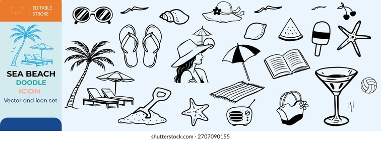 Hand-drawn doodle beach and surf icon vector set in retro colors with tropical elements like palm trees, waves, surfboards, and sun. Perfect for summer designs, t-shirts, posters, and coastal designs.