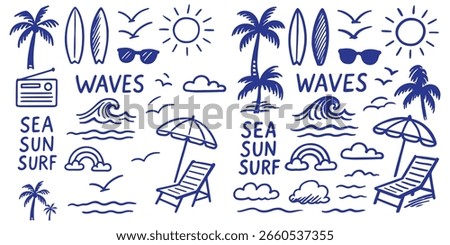 Hand-drawn doodle beach and surf icon vector set with tropical elements like palm trees, waves, surfboards, and sun. Perfect for summer designs, t-shirts, posters, and coastal branding