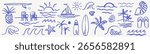 Hand-drawn doodle beach and surf vector illustration set. Tropical coastal elements like palm trees, waves, surfboards, and sun perfect for summer designs, t-shirts, posters, and placards prints.