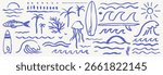 Hand-drawn doodle beach and surf vector illustration set. Tropical coastal elements like palm trees, waves, surfboards, and sun perfect for summer designs, t-shirts, posters, and placards prints.