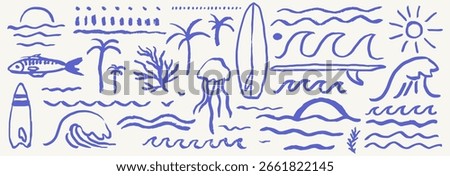 Hand-drawn doodle beach and surf vector illustration set. Tropical coastal elements like palm trees, waves, surfboards, and sun perfect for summer designs, t-shirts, posters, and placards prints.