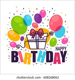 handdrawn doodle birthday card vector template,with balloon images and  and gift box