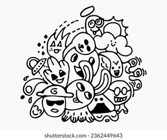 Doodle dibujado a mano con línea negra. Ilustración creativa abstracta que se adapta a la pegatina, libro de dibujo, portada. Aislado sobre fondo blanco
