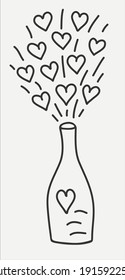 A hand-drawn doodle bottle with a heart on the label and hearts flying out of it is just about love or for Valentine's Day.