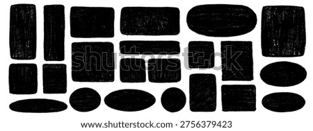 Hand-drawn doodle boxes with crayon pencil texture. Set of black square and oval frames isolated on white background