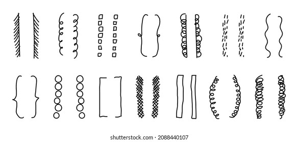 Hand-drawn doodle brackets. Set of scribble brackets in black on white. Shaded, round, square, wavy frames for text. Vector illustration of isolated silhouettes of parenthesis.