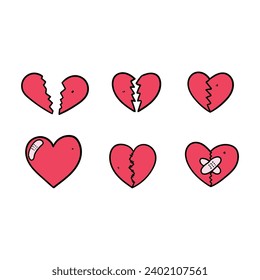 A hand-drawn doodle of broken hearts set isolated on a white background. Vector illustration.