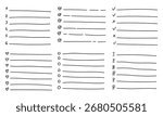 Hand-drawn doodle bullet list set with sketch bullets, checkboxes, numbers, arrows, lines, and dividers. Black outline, vector illustration. For planners, bullet journals, notes, infographics, present