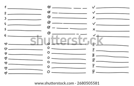 Hand-drawn doodle bullet list set with sketch bullets, checkboxes, numbers, arrows, lines, and dividers. Black outline, vector illustration. For planners, bullet journals, notes, infographics, present