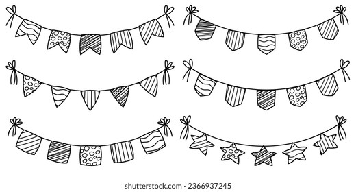 Hand-Drawn Doodle Bunting Garland. Black and White Flags for Celebrations. Vector Illustration with Playful Birthday Decorations.