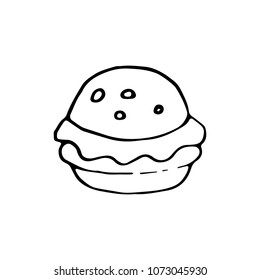 Handdrawn doodle burger icon. Hand drawn black burger sketch. Sign symbol. Decoration element. White background. Isolated. Flat design. Vector illustration