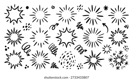 Hand-drawn doodle burst elements with organic ink strokes and natural imperfect lines. Dynamic abstract shapes for branding, social media, and UI decoration. Isolated vector-style illustration.