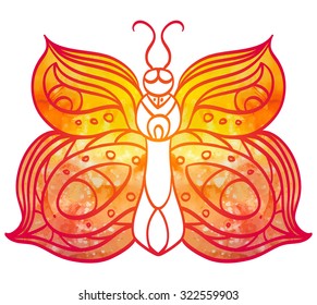 Hand-drawn doodle  butterfly with yellow  watercolour wings for your creativity