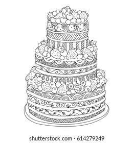 Handdrawn doodle cake with berries for coloring book for adults. Zentangle style