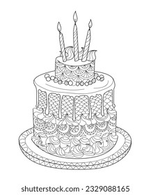 Handdrawn doodle cake with candles for coloring book for adults and adults. Zentangle style
