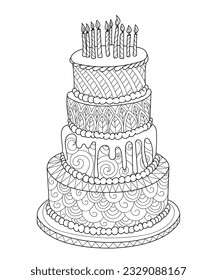 Handdrawn doodle cake with candles for coloring book for adults and adults. Zentangle style
