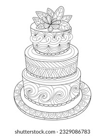 Handdrawn doodle cake for coloring book for adults and adults. Zentangle style
