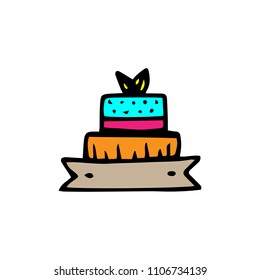 Handdrawn doodle cake icon. Hand drawn black sketch. Sign symbol. Decoration element. White background. Isolated. Flat design. Vector illustration.