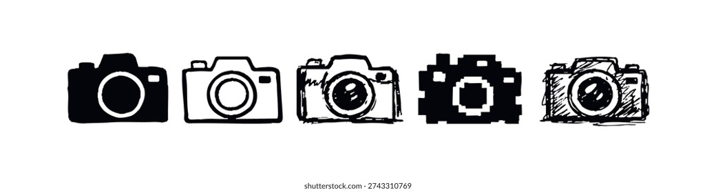 Hand-drawn doodle camera icons set. Photography and multimedia symbols in various artistic styles.