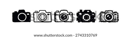 Hand-drawn doodle camera icons set. Photography and multimedia symbols in various artistic styles.