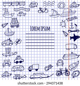 Hand-drawn doodle cars, bicycles and ships vector background. Can be used for notebook covers, cards and scrapbooking.
