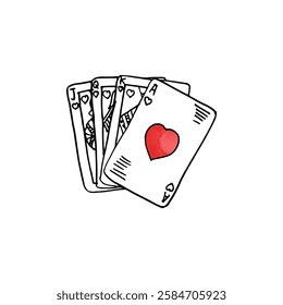 Hand-drawn doodle cartoon card deck of hearts suit of Ace, King, Queen, and Jack.