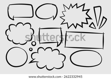 Hand-drawn doodle cartoon chat bubbles, including various shapes such as starburst, rectangles, and circles, with bold outlines