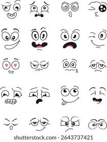 Hand-drawn doodle cartoon faces with various emotional expressions such as love, sadness, anger, confusion, and happiness. A large set of expressive comic-style eyes and mouths, perfect for emoji desi