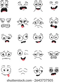 Hand-drawn doodle cartoon faces with various emotional expressions such as love, sadness, anger, confusion, and happiness. A large set of expressive comic-style eyes and mouths, perfect for emoji desi