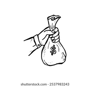 Hand-drawn doodle cartoon of a hand holding a sack of money.