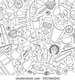 Hand-drawn doodle cartoon style bar cocktail tools accessories instruments such as shaker glasses strainers jiggers vector seamless pattern illustration background.