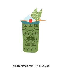 Handgezeichnet doodle Cartoon Stil Vektorgrafik. Der süße Tiki-Cocktail in der Idol Gesicht Glas mit Kirsche. Für Bar- oder Alkoholkoch-Kochbuch-Rezepte