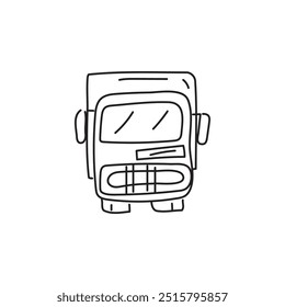 Hand-drawn doodle of a cartoon truck. Simple black and white line art illustration of a vehicle. Design element for kids, children's book, or transportation-themed content