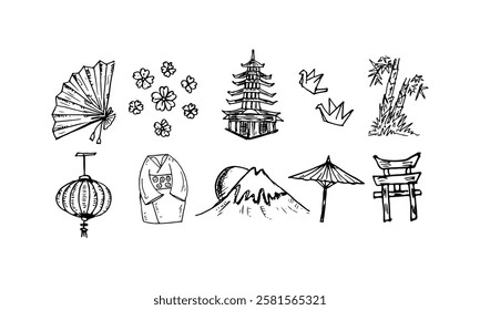 Hand-drawn doodle cartoon of various Japanese cultural symbols and objects.