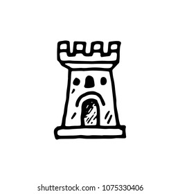 Handdrawn doodle castle icon. Hand drawn black sketch. Sign symbol. Decoration element. White background. Isolated. Flat design. Vector illustration.