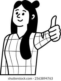 Hand-drawn doodle character expressing positivity with a thumbs-up gesture vector illustration.