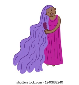 Hand-drawn doodle character illustration of a cute young African girl or woman brushing her very long wavy purple hair, smiling. Isolated on white background.