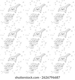 Hand-drawn doodle characters featuring sun and cloud elements, seamless pattern, line art style, perfect for coloring book designs. Ideal for wrapping paper, children’s products, playful background