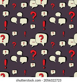 Hand-drawn doodle chat bubble, exclamation and question marks. Seamless patterns. Suitable for textiles, fabrics, wallpapers