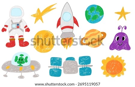 Hand-drawn doodle children scribble space elements set wit astronaut, rocket, planets, sun, UFO, aliens and stars